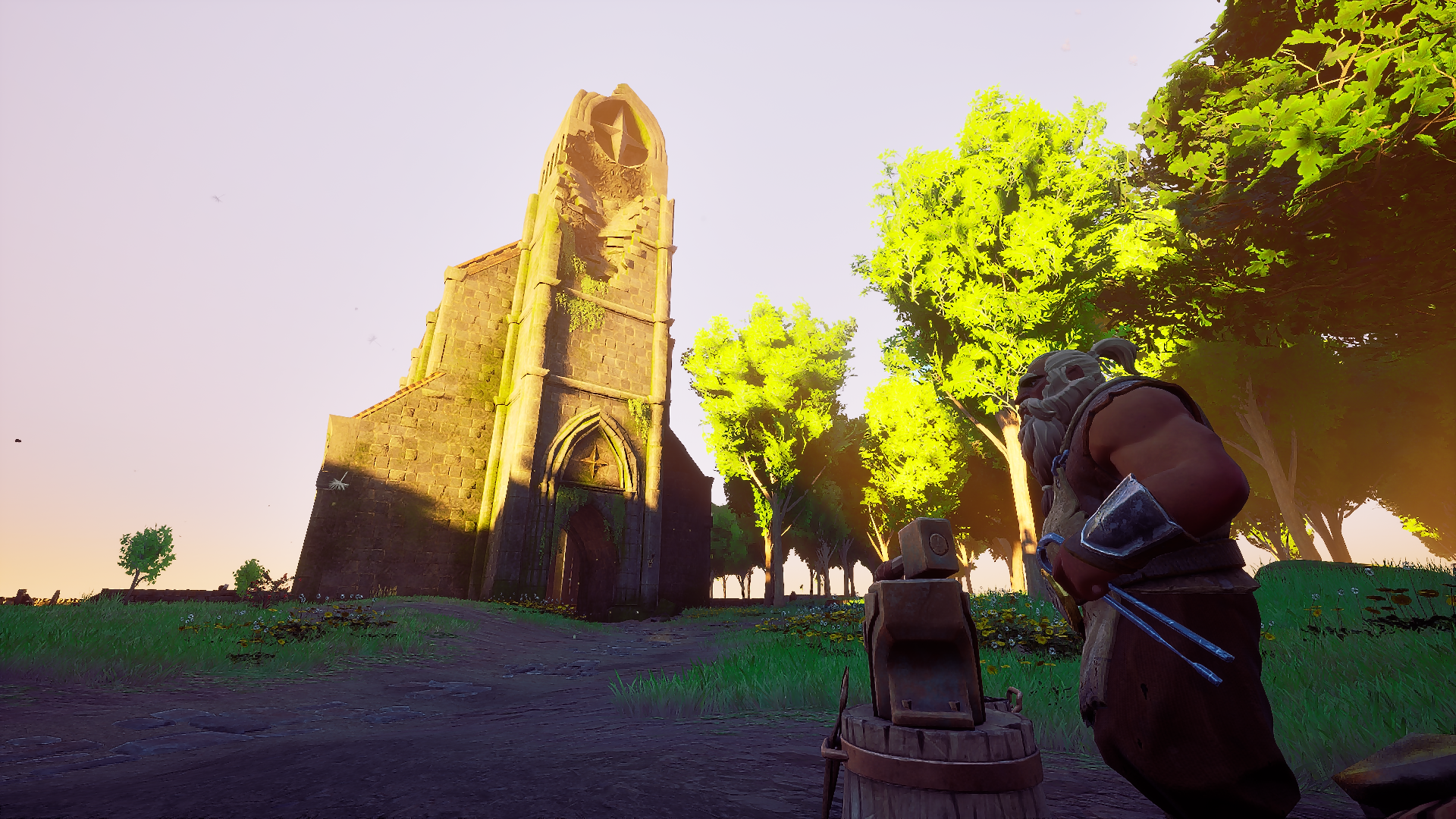 A Dragonwilds character approaching a ruined stone tower