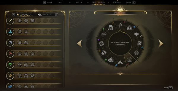 Dragonwilds spellbook menu showing spell rows and spell slots