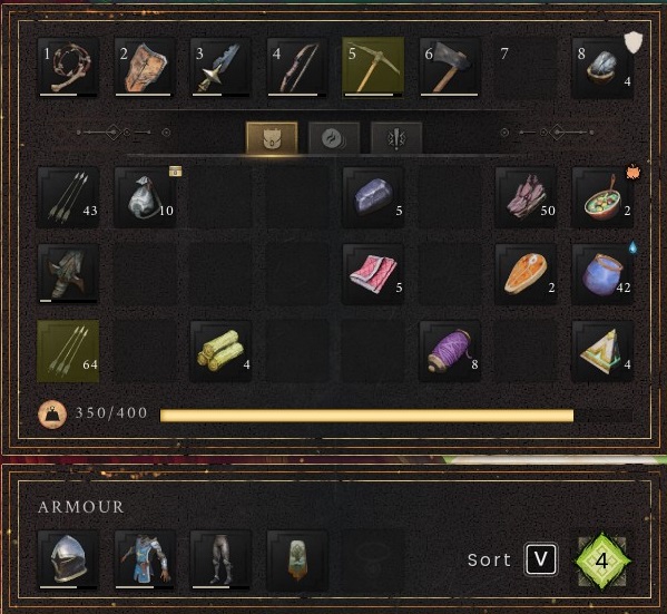 Dragonwilds inventory interface used for save and weight checks
